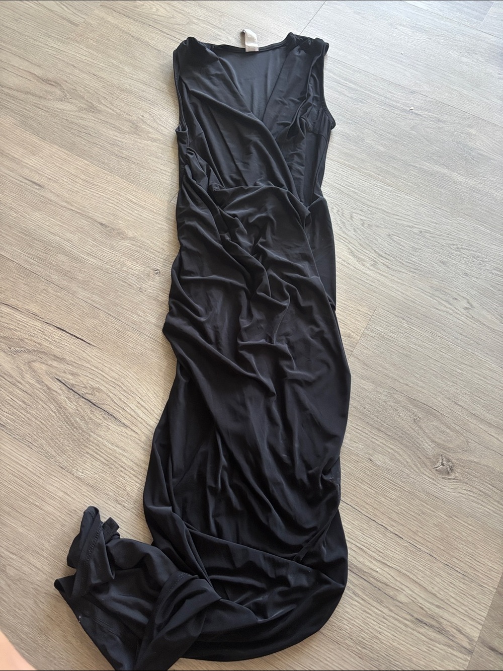 Sleeveless Black Midi Dress with Draped Front